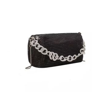BLACK CRYSTAL RHINESTONES CROSSBODY SILVER CHAIN PURSE